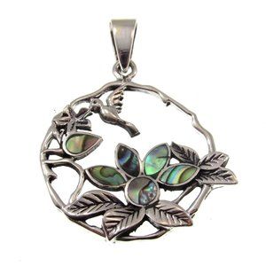 Solid 925 Sterling Silver Hummingbird & Flowers Pendant with Inlaid Paua Shell